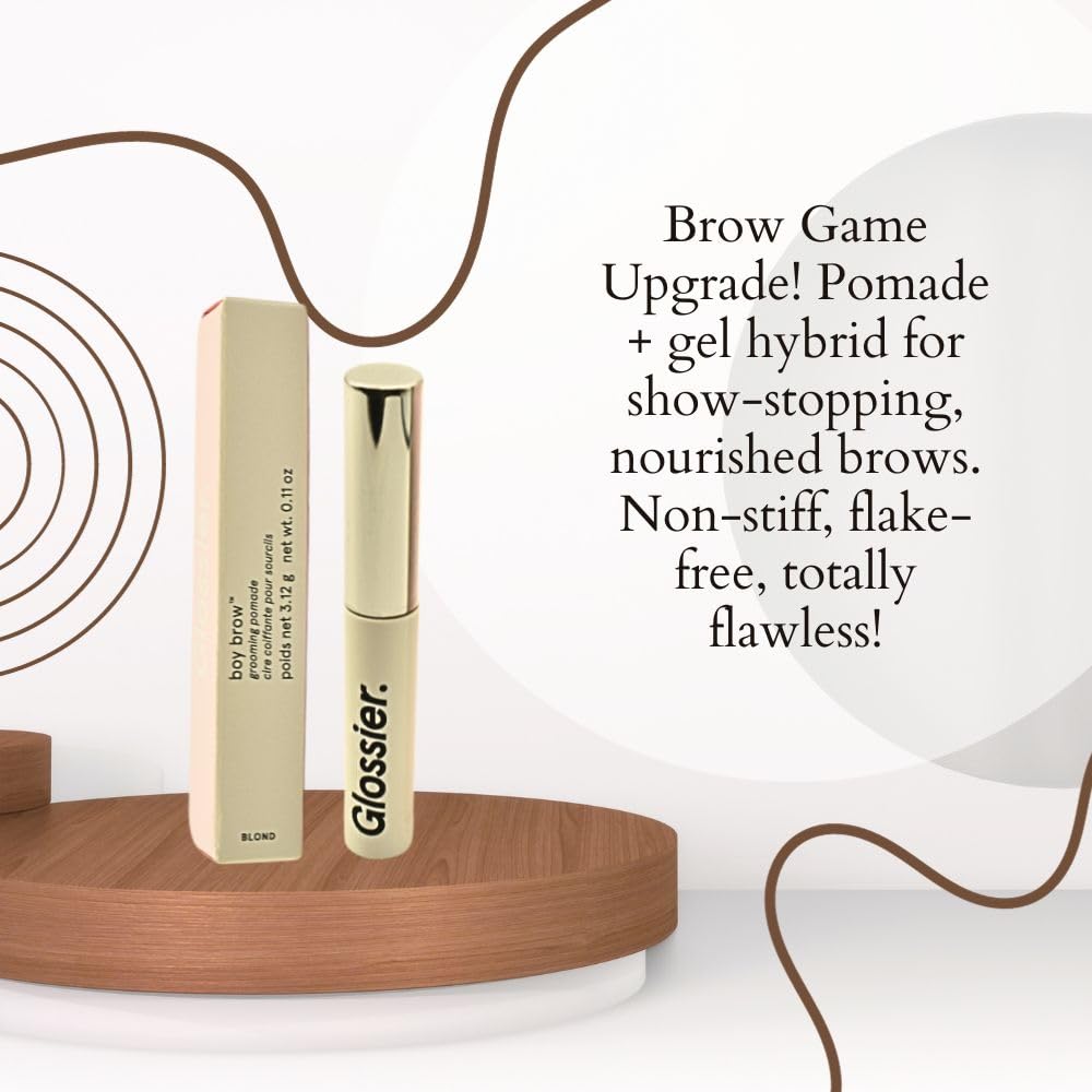 Glossier Boy Brow Blond tube close-up highlighting easy, conditioning glide.