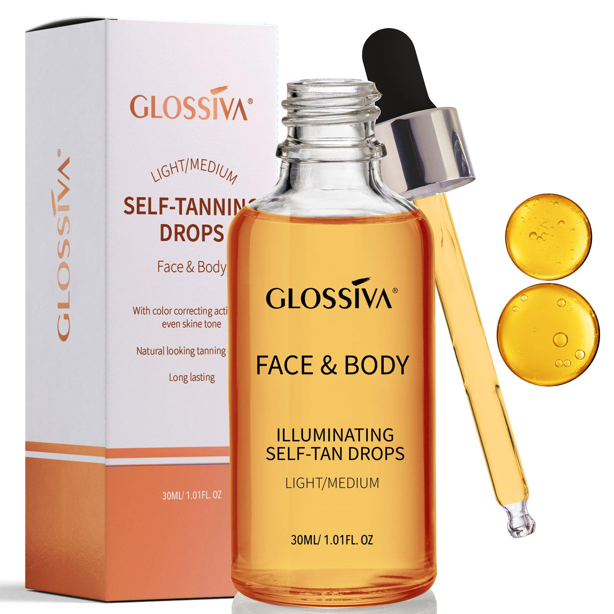 Glossiva Self Tanning Drops bottle on vanity with premium glass packaging for a safe, gradual glow