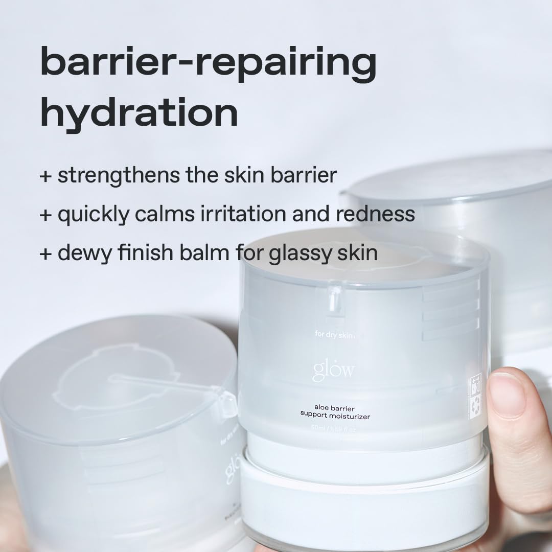 Glow Aloe Barrier bottle with pump demonstrates easy, clean application for daily hydration.