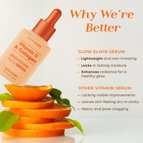 Application scene shows Glow Elixir serum on face and neck for smoother skin