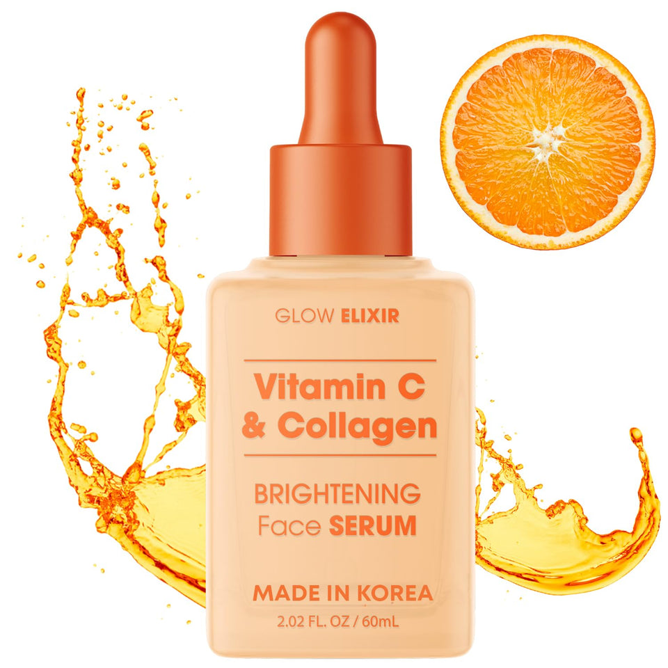 Glow Elixir Vitamin C Serum bottle on a clean vanity signaling hydration
