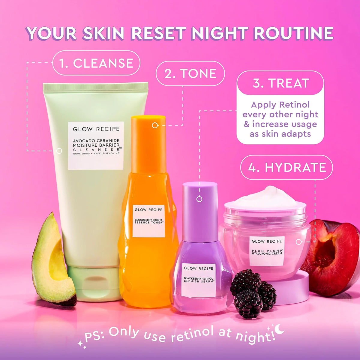 Glow Recipe Gentle Blackberry Retinol Serum packaging on display emphasizes a clean, fruit-forward approach.