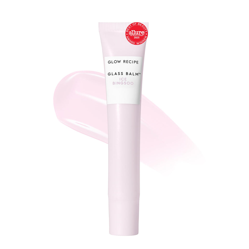 Glow Recipe Glass Balm Lip Treatment close-up reveals glassy finish and hydrating formula.