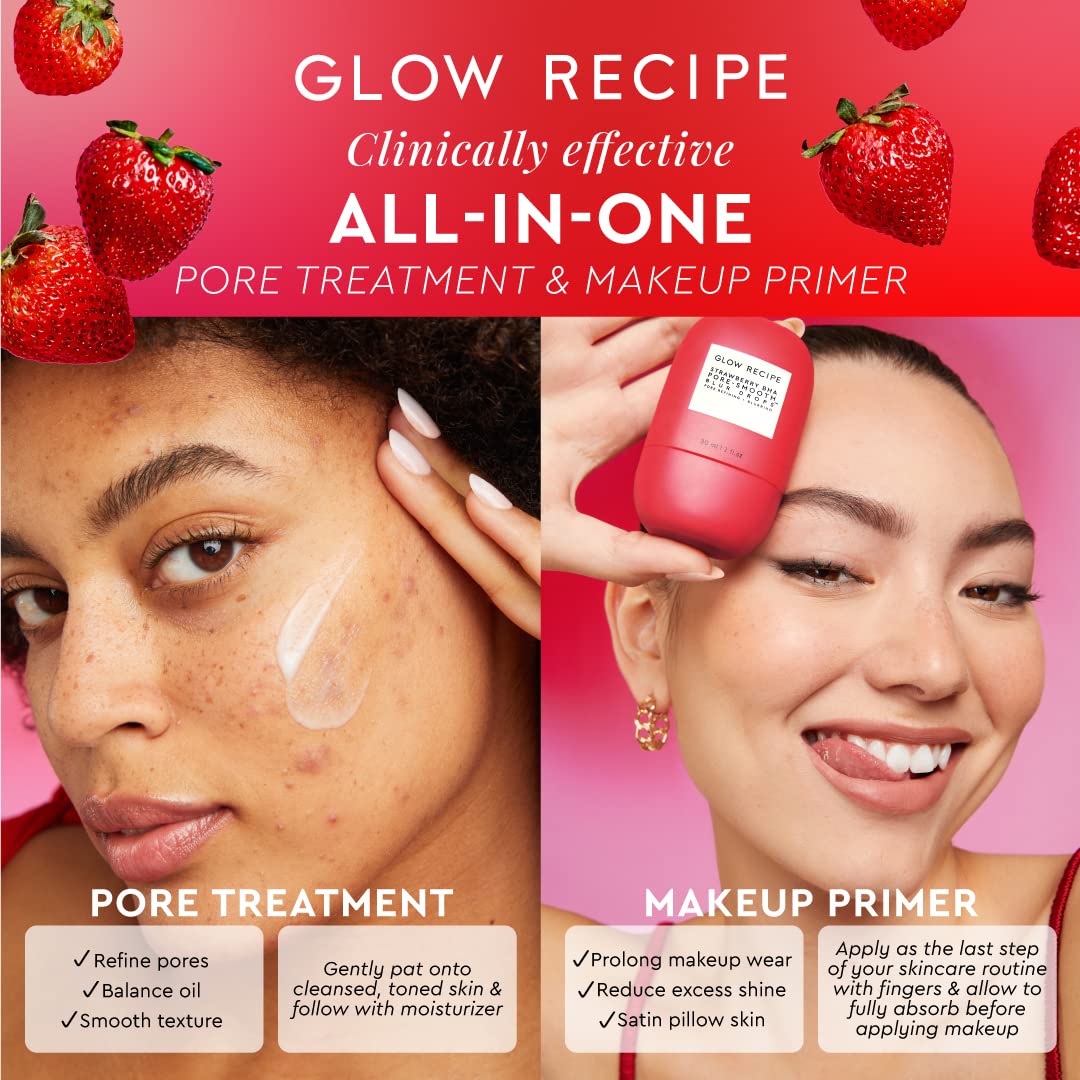 Glow Recipe Strawberry BHA Serum Primer application on fingers demonstrates easy blend into routine