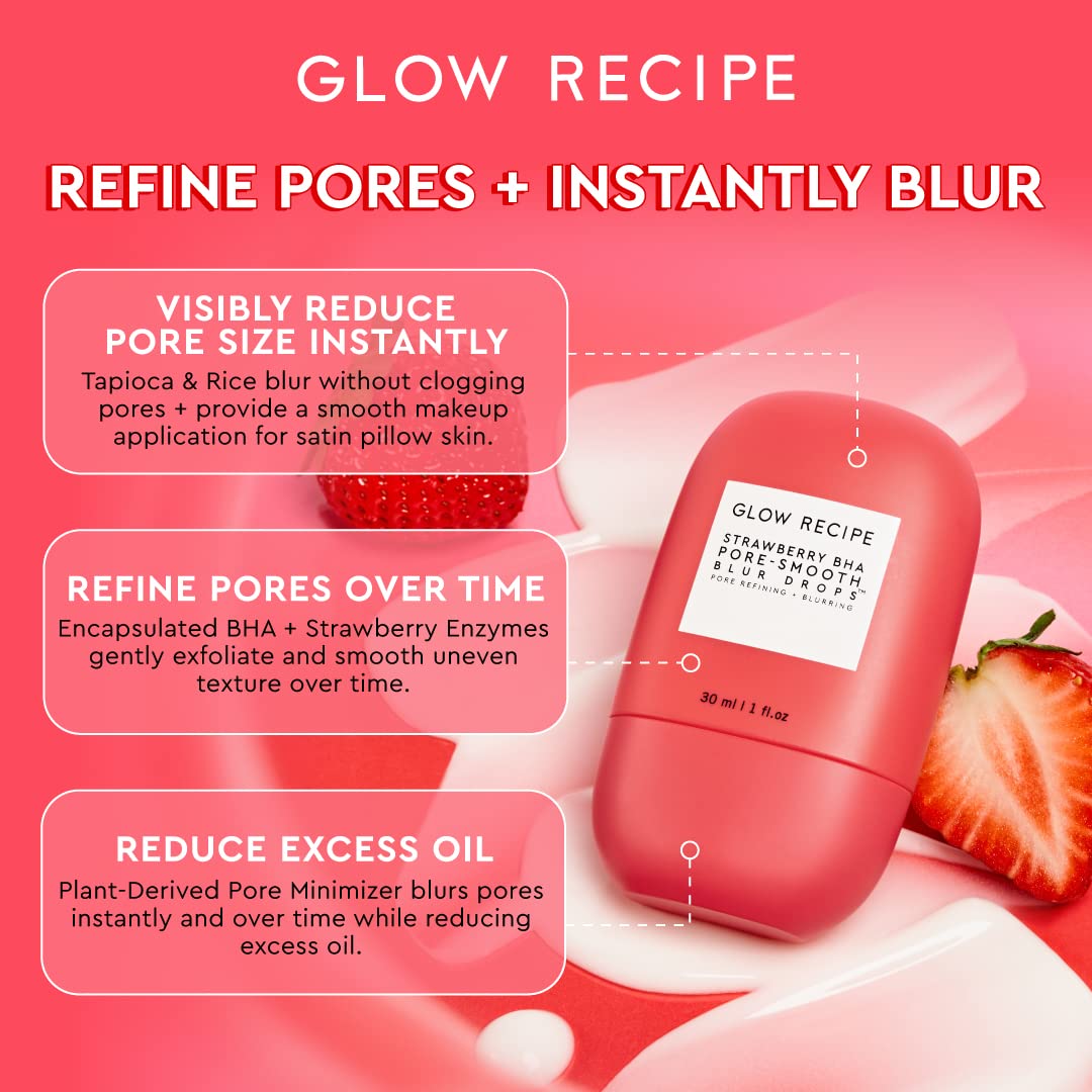 Glow Recipe Strawberry BHA Serum Primer texture closeup highlights lightweight, oil-absorbing formula