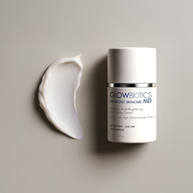 Glowbiotics Probiotic Calming Lotion barrier-benefit graphic highlights strengthened skin.