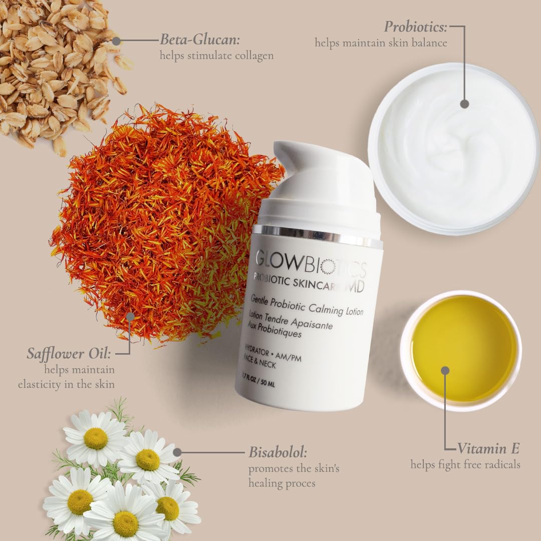 Glowbiotics Probiotic Calming Lotion hydration drop illustrates lasting moisture.