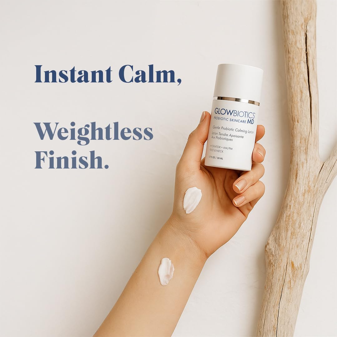 Glowbiotics Probiotic Calming Lotion ingredients panel highlights probiotics and peptides for calm skin.