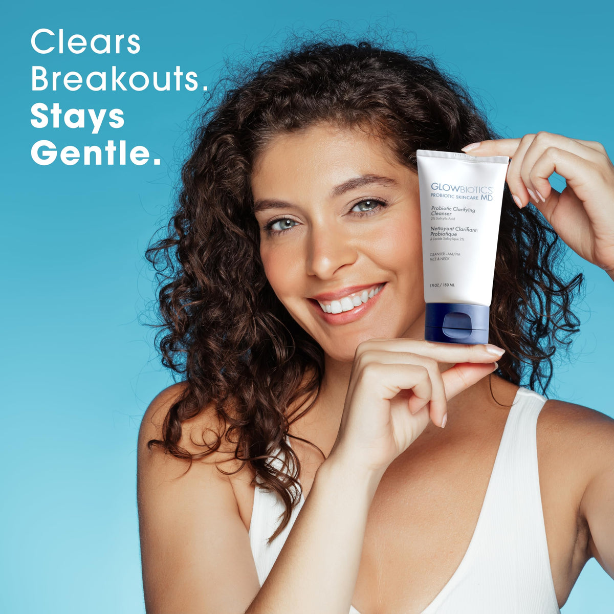 Glowbiotics Probiotic Clarifying Cleanser label highlights 2% salicylic acid and probiotic benefits.