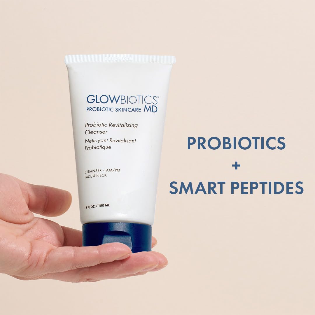 Glowbiotics probiotic revitalizing cleanser texture close-up emphasizes creamy gel and skin-friendly formula.