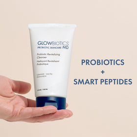 Glowbiotics probiotic revitalizing cleanser texture close-up emphasizes creamy gel and skin-friendly formula.