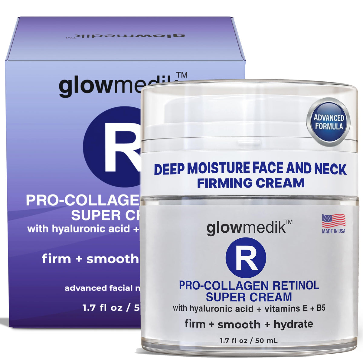 Glowmedik retinol cream face bottle showcasing anti-aging formula for daily youth support