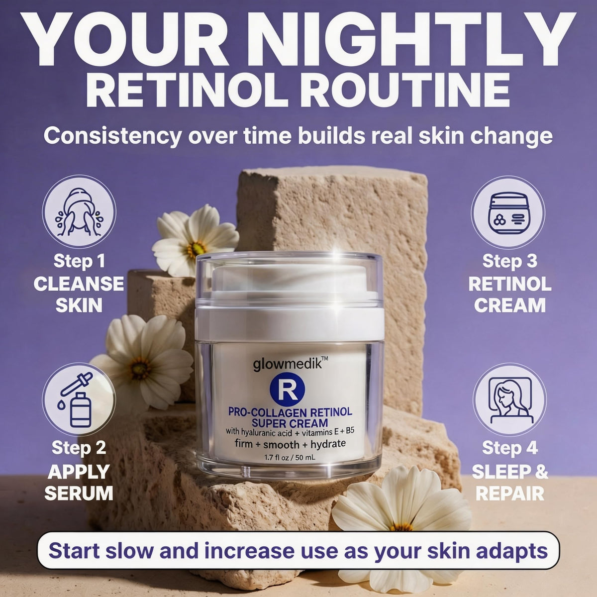 Glowmedik retinol cream packaging box highlighting vegan and paraben-free claim