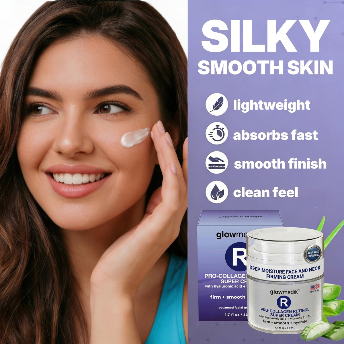 Glowmedik retinol cream spread on skin close-up emphasizing smoothness and quick absorption