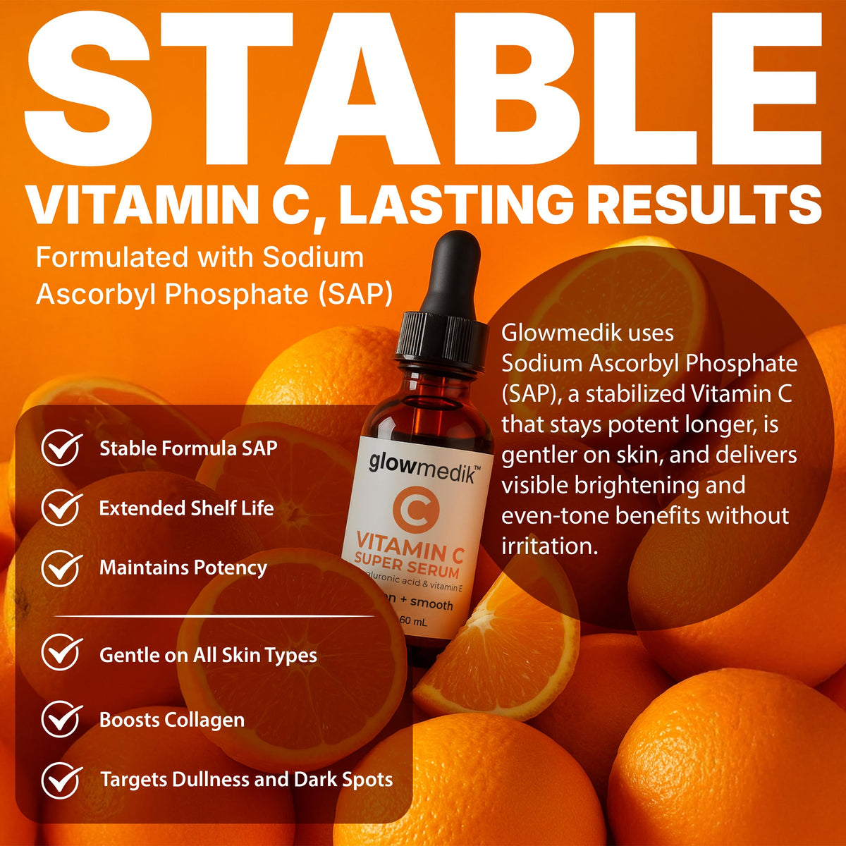 GlowMedik Vitamin C Serum bottle on shelf highlights brightening potential.