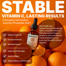 GlowMedik Vitamin C Serum bottle on shelf highlights brightening potential.