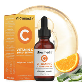 GlowMedik Vitamin C Serum bottle pour brightens and evens skin tone.
