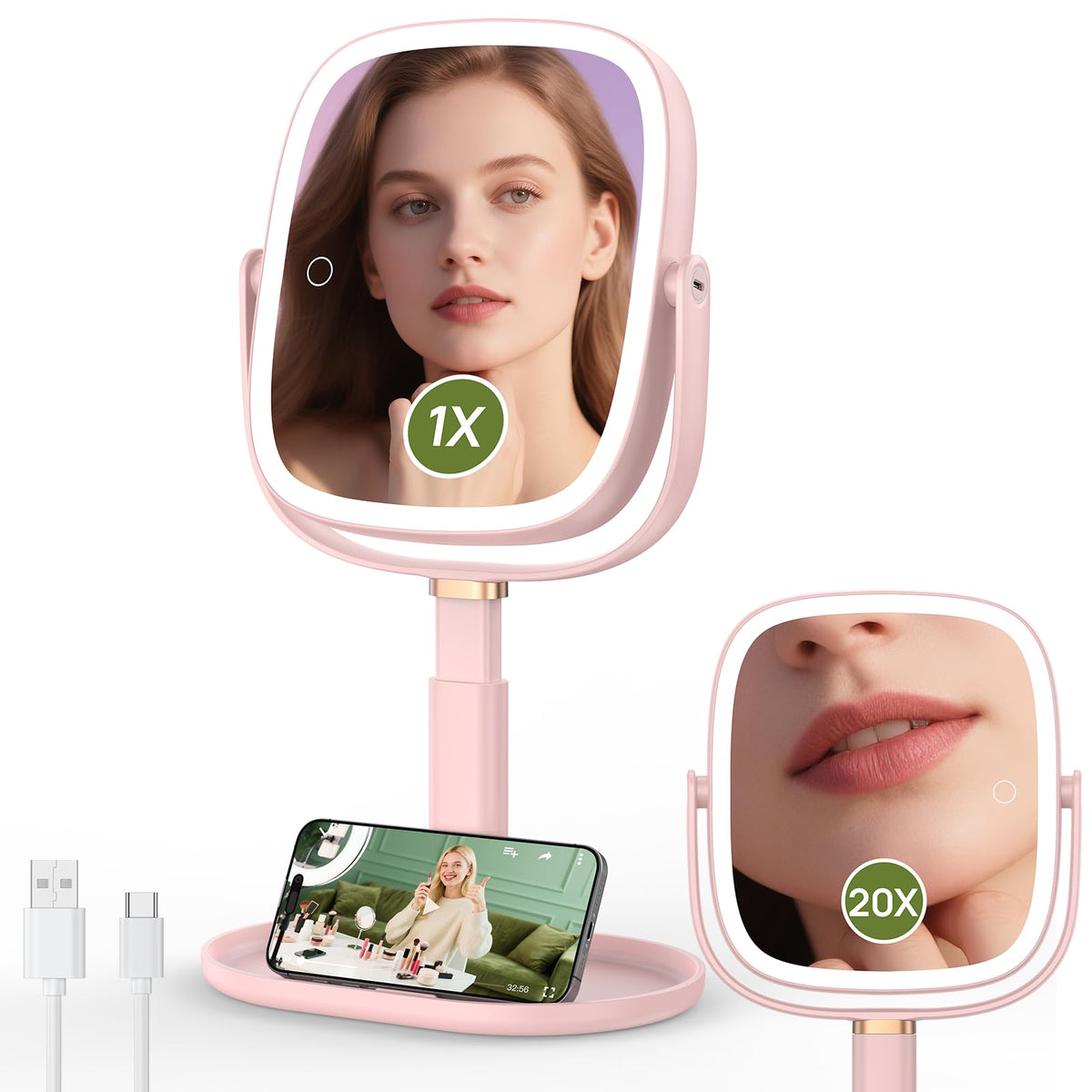 Glowtop makeup mirror with lights and adjustable height for desk use.