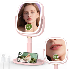 Glowtop makeup mirror with lights and adjustable height for desk use.