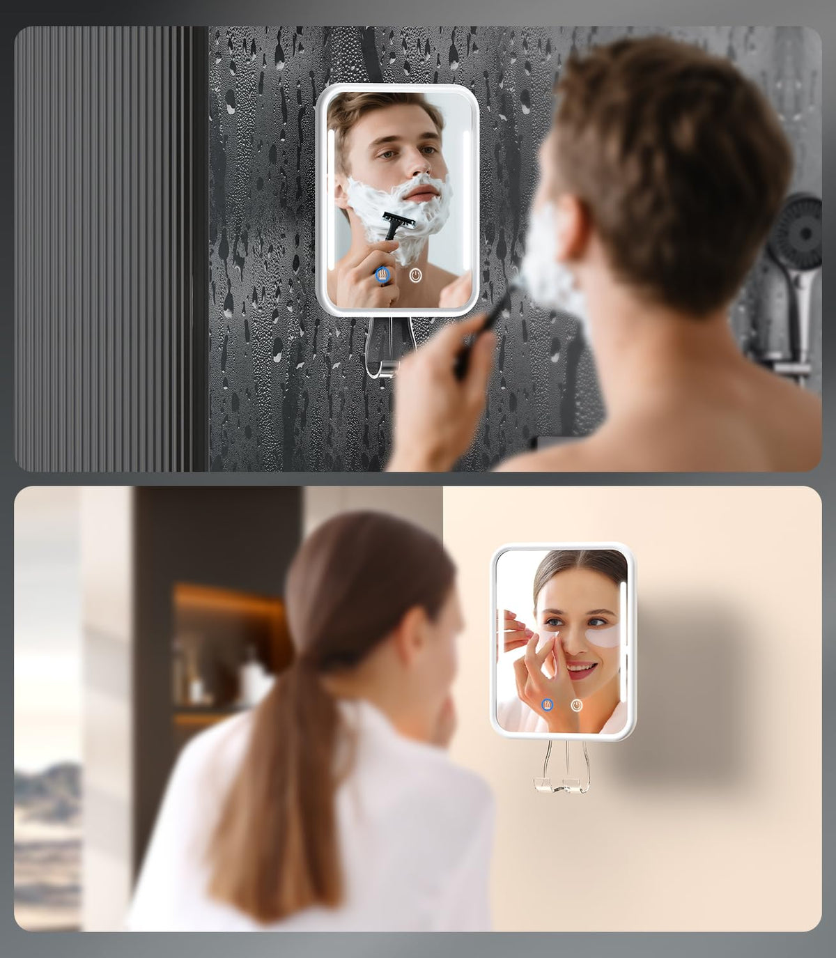 Glowtop waterproof shower mirror withstands steamy bathroom conditions.