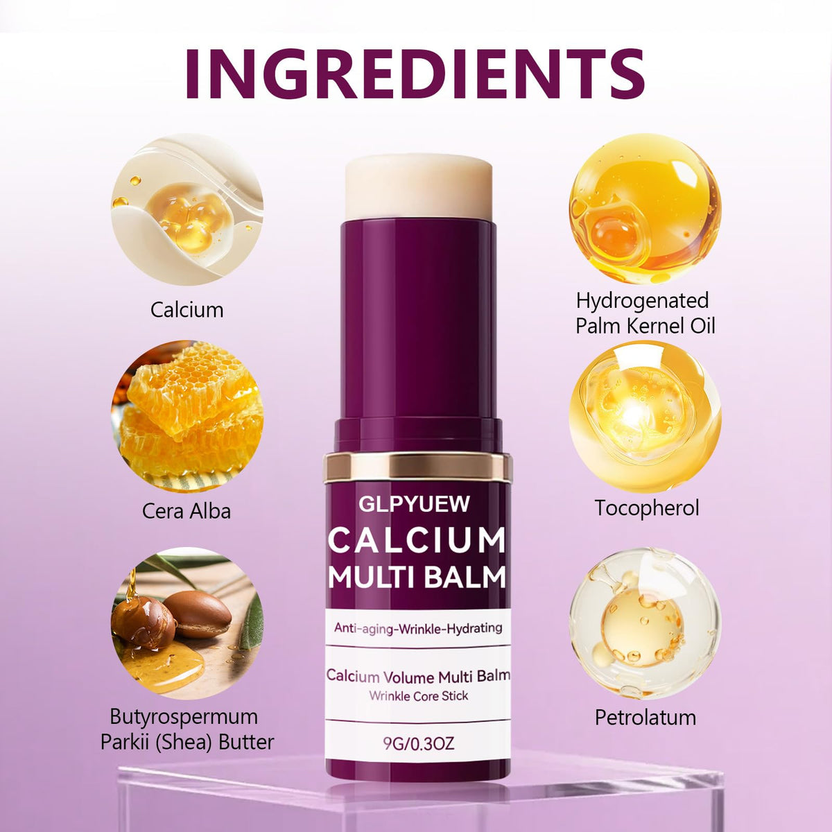 GLPYUEW Cemenrete Calcium Multi Balm texture close-up, feather-light glide for quick absorption on skin.