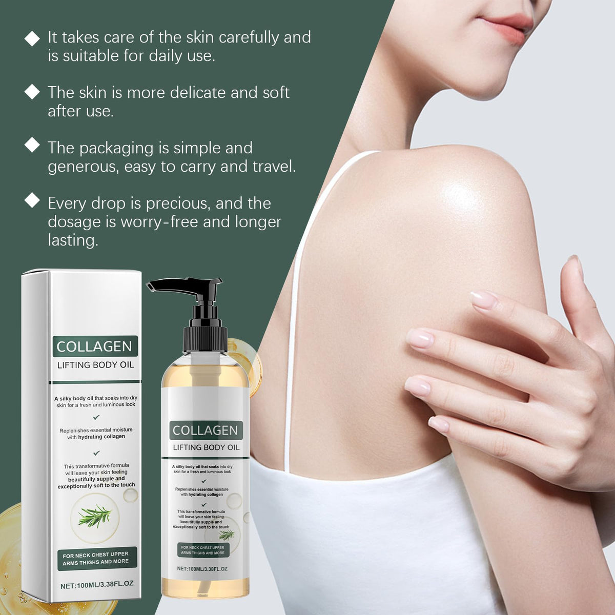 GLPYUEW Lightweight collagen oil absorbs quickly on skin.