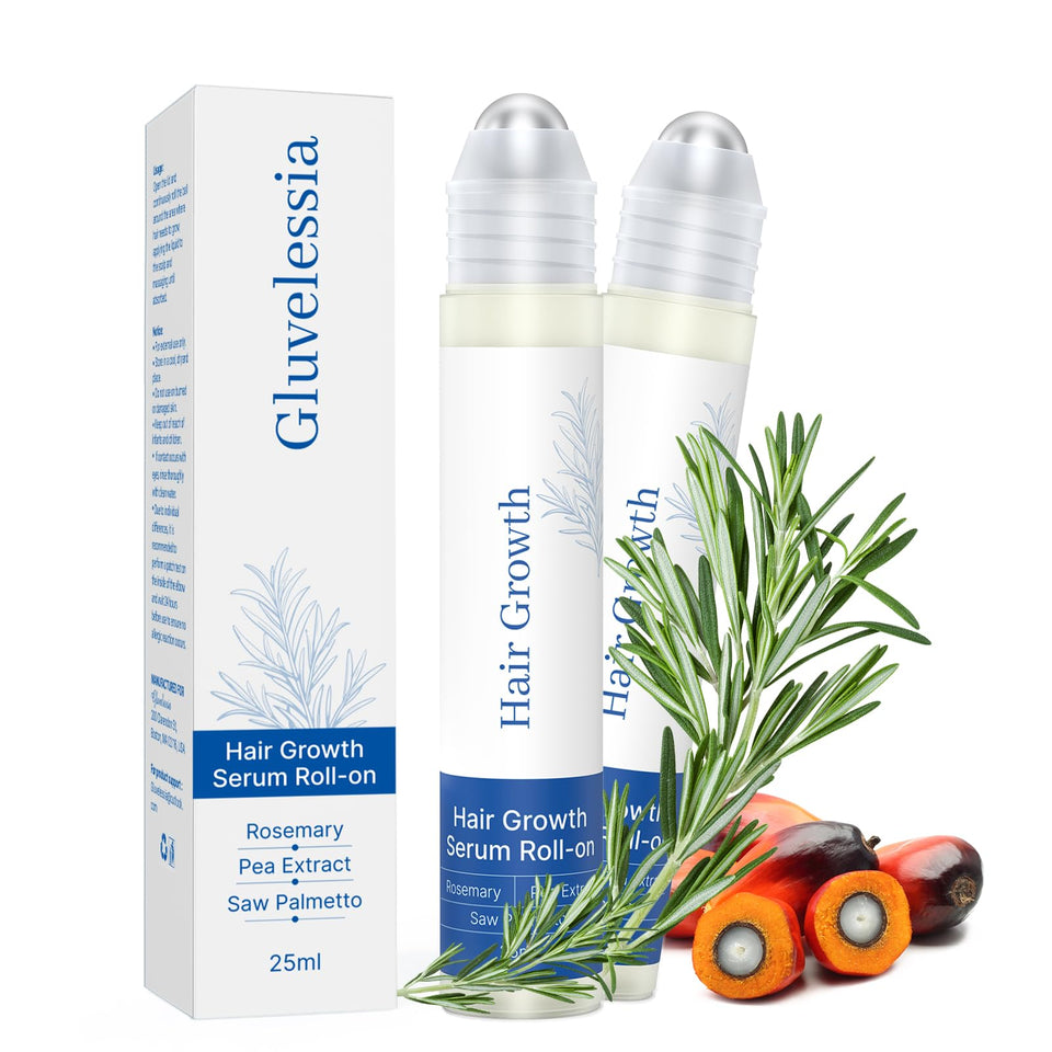 Gluvelessia roll-on rosemary bottle closeup showing precise application for thinning areas