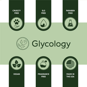 Glycology bottle packaging design emphasizing USA-made KP-friendly formula.