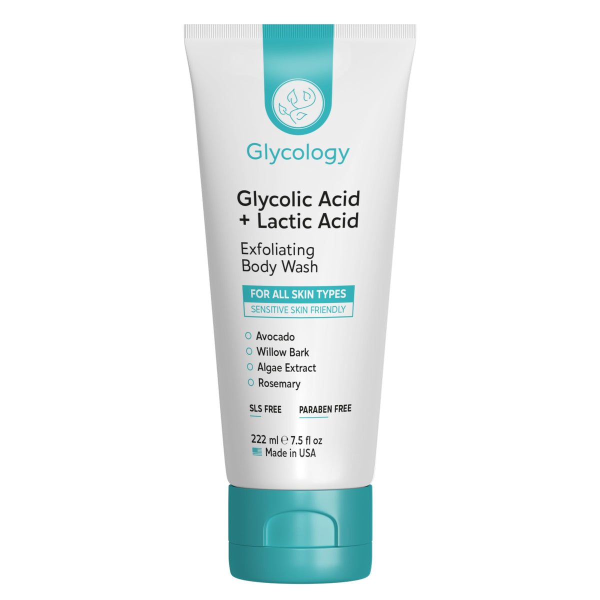 Glycology glycolic acid body wash bottle for smoothing rough skin on arms and legs.