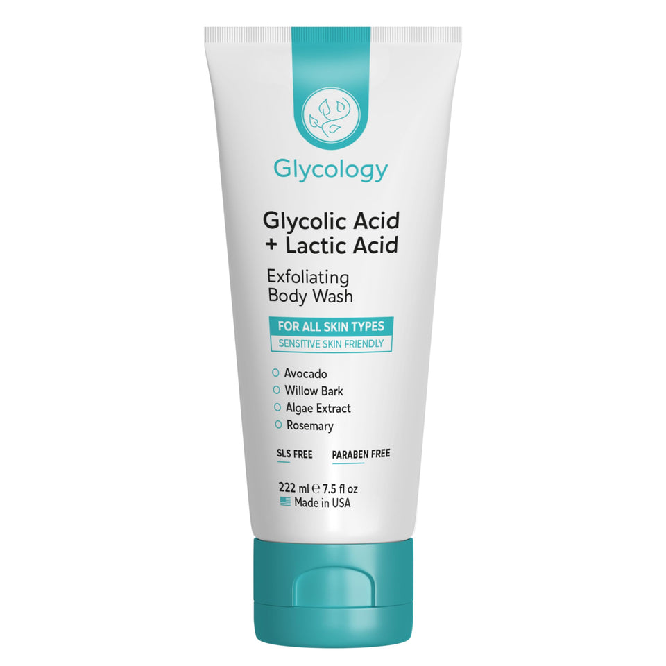 Glycology glycolic acid body wash bottle for smoothing rough skin on arms and legs.
