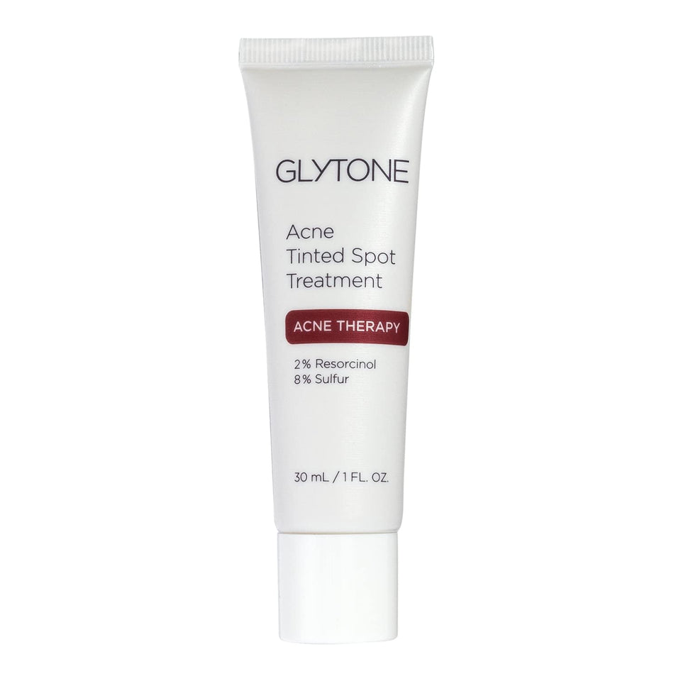 Glytone Acne Tinted Spot Treatment bottle shows a non-greasy formula for blemish-prone skin.