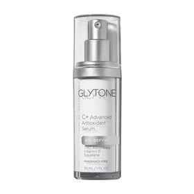 Glytone Age-Defying C+ Serum bottle ready for daily brightening routine