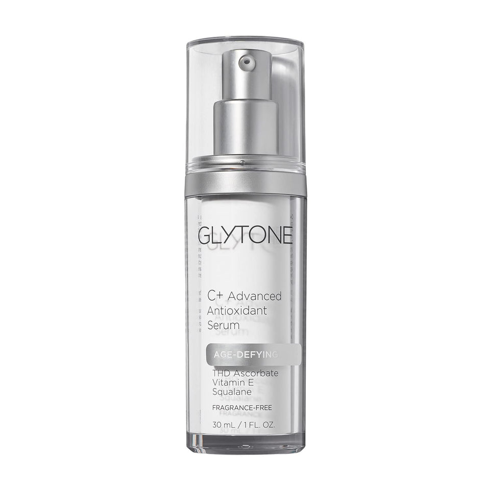 Glytone Age-Defying C+ Serum bottle ready for daily brightening routine