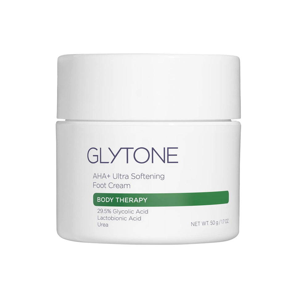 GLYTONE AHA+ Foot Cream bottle being poured to exfoliate and hydrate.