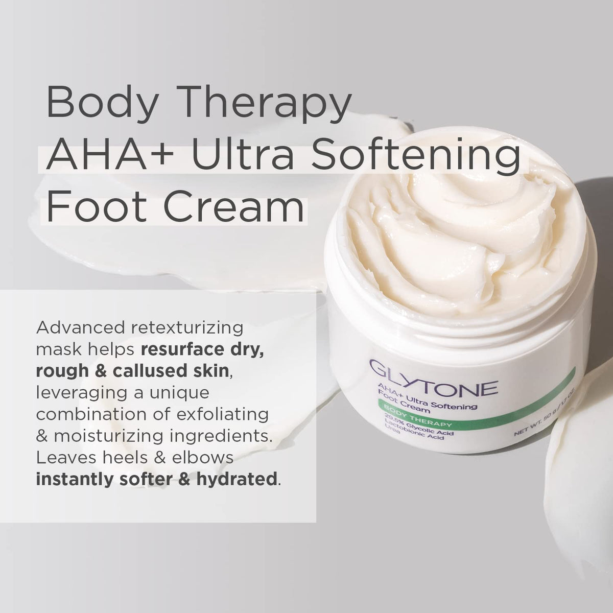 GLYTONE AHA+ Foot Cream on dry feet close-up for smoothing calluses.