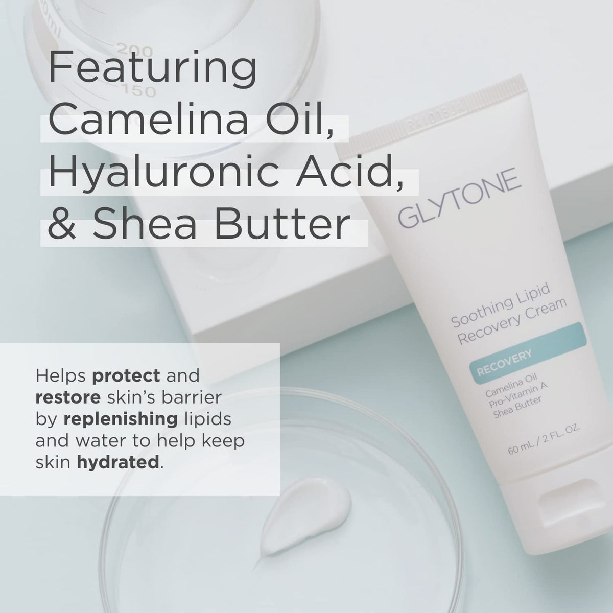 Hands applying Glytone cream, illustrating quick absorption and soothing effect for sensitive skin.