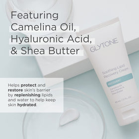 Hands applying Glytone cream, illustrating quick absorption and soothing effect for sensitive skin.