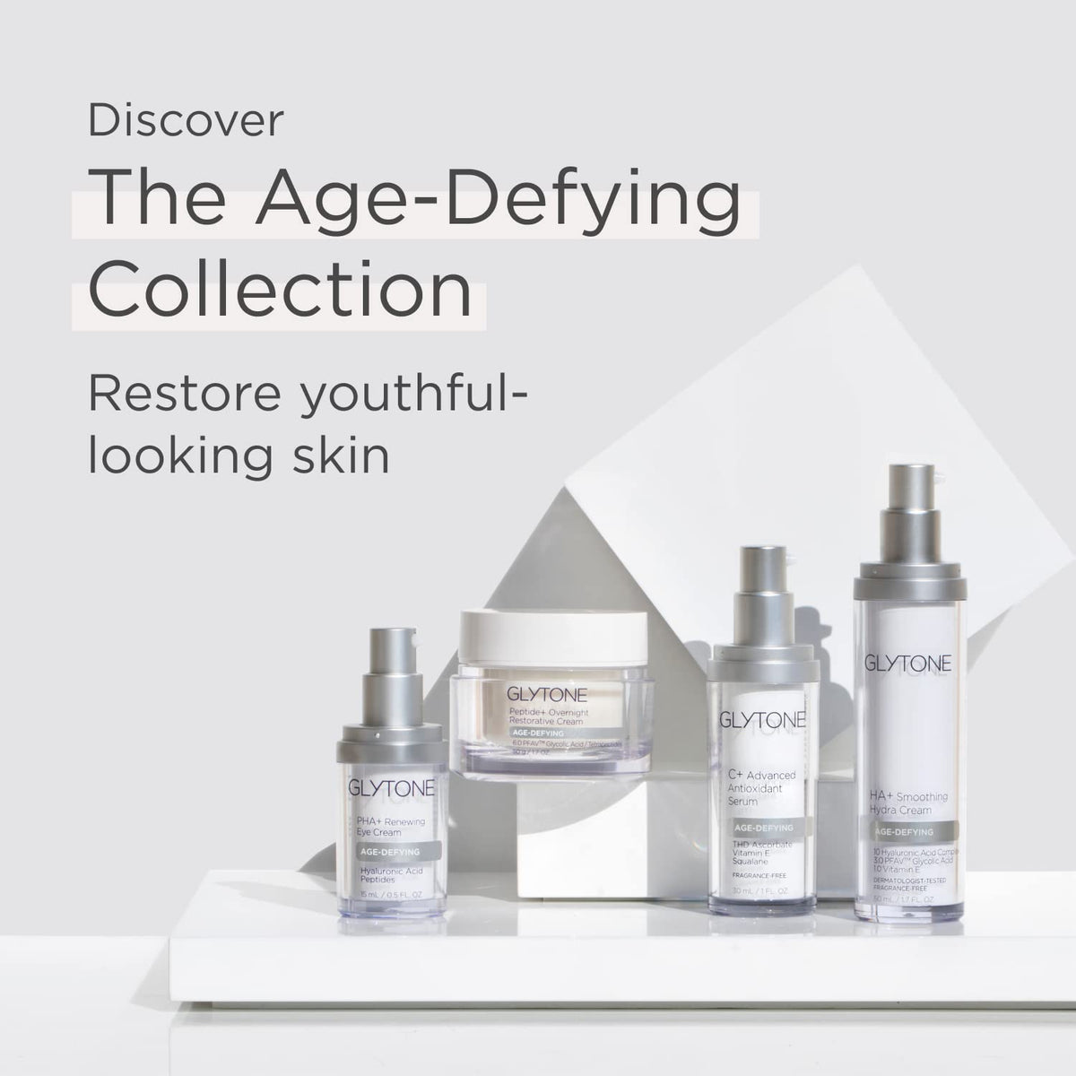 Glytone brand packaging close-up communicates clean, fragrance-free formula