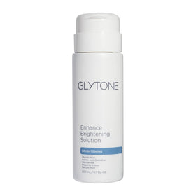 GLYTONE Enhance Brightening Solution bottle front demonstrates potential radiant, even-looking skin with regular use