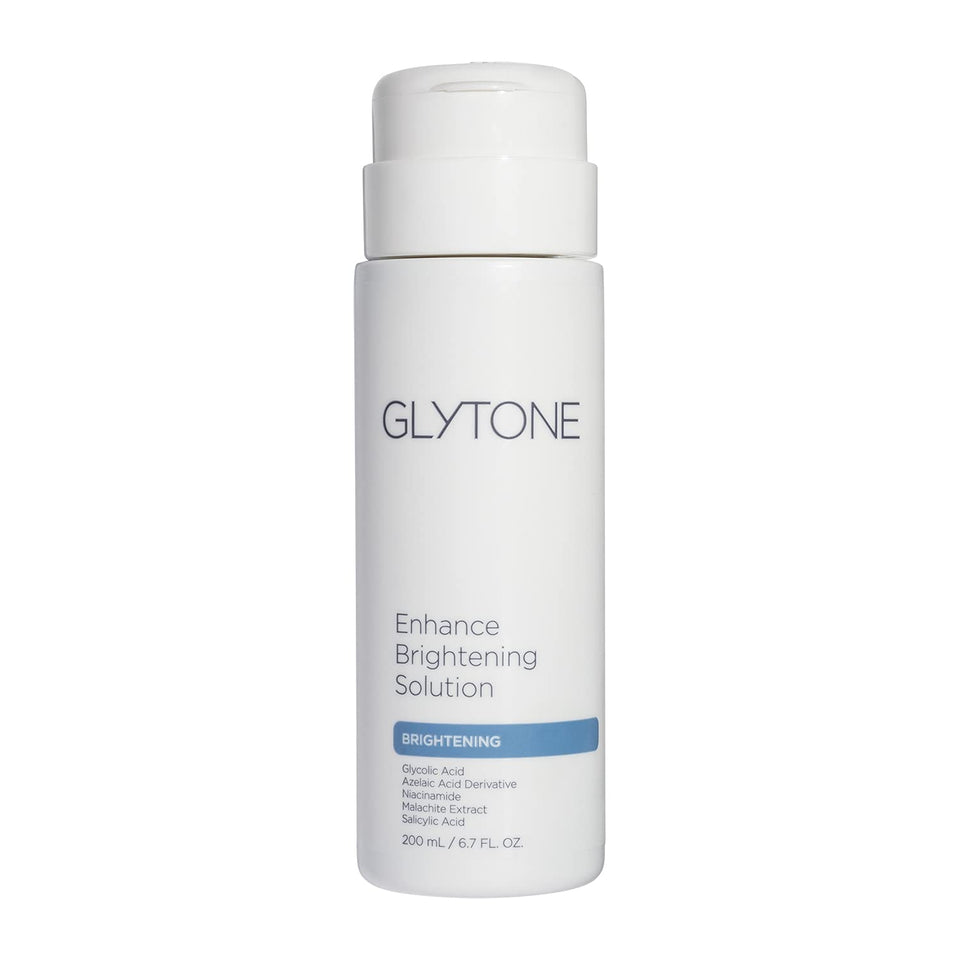 GLYTONE Enhance Brightening Solution bottle front demonstrates potential radiant, even-looking skin with regular use