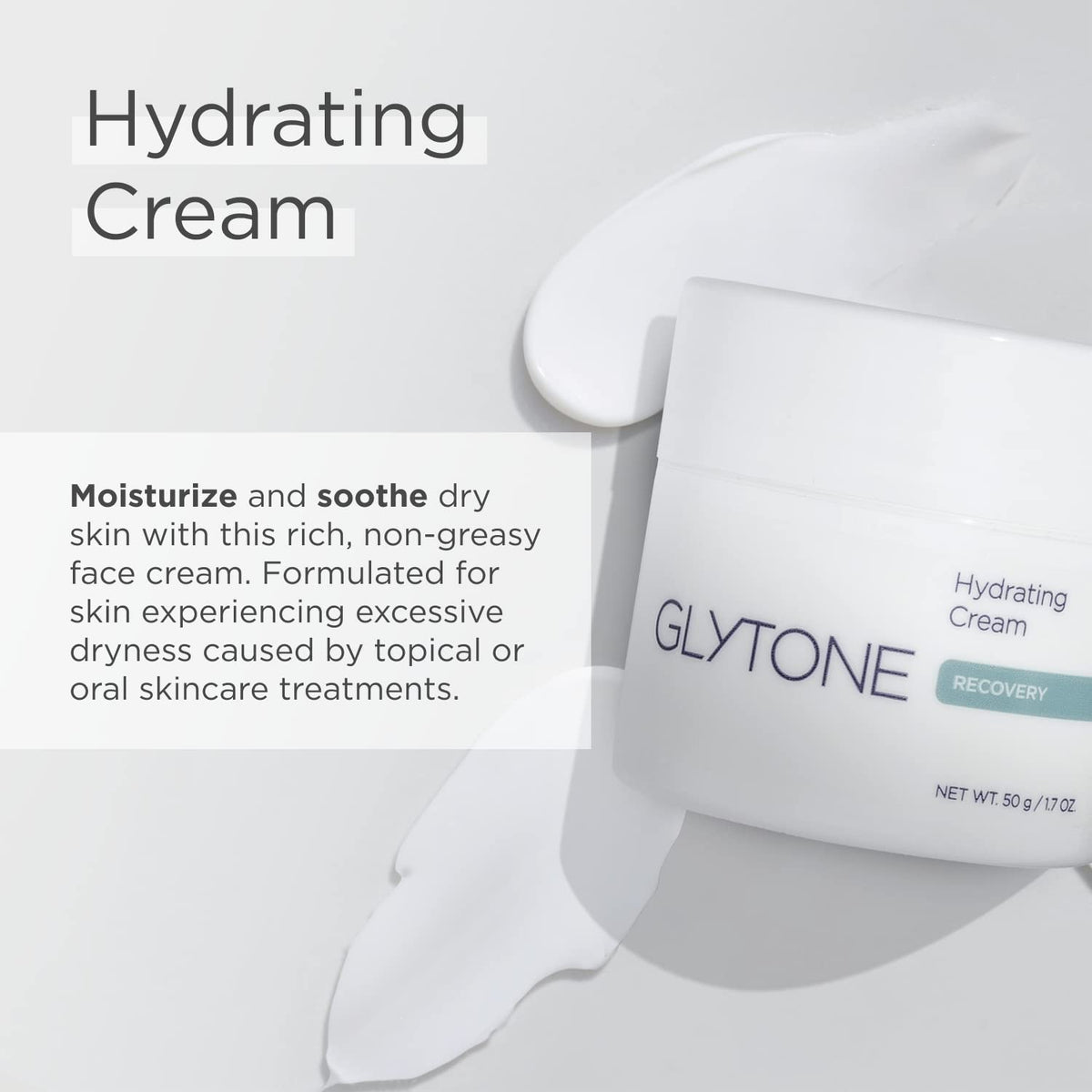 Glytone Hydrating Cream open jar with product swatch on skin for quick absorption.