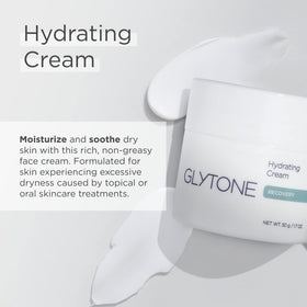Glytone Hydrating Cream open jar with product swatch on skin for quick absorption.