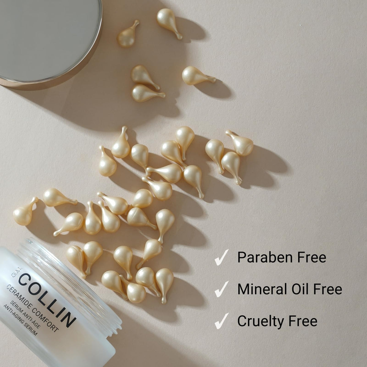 G.M. COLLIN Ceramide Comfort Serum texture swirl highlights a silky, light finish