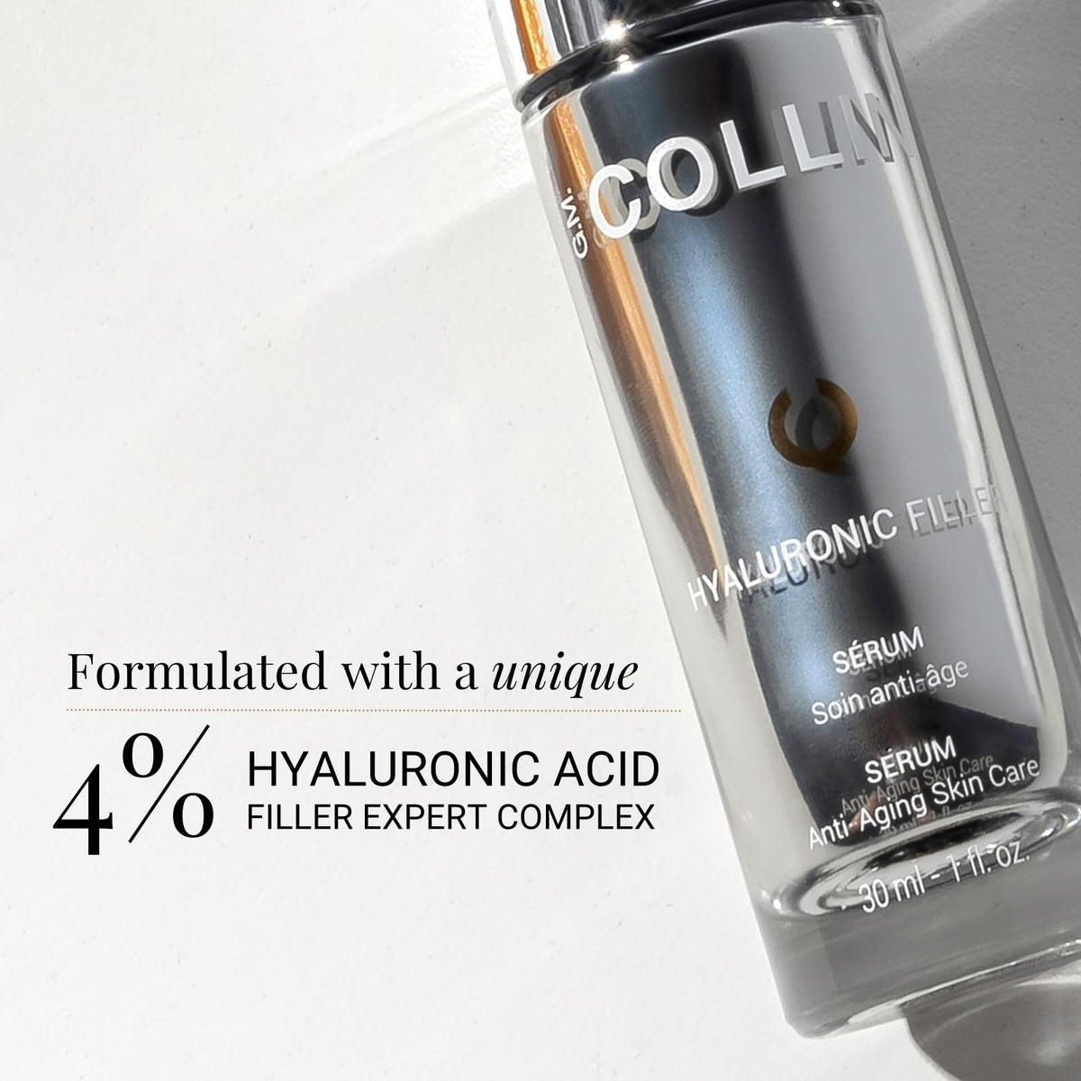 Application scene demonstrates quick daily hydration with G.M. COLLIN Hyaluronic Filler Serum.