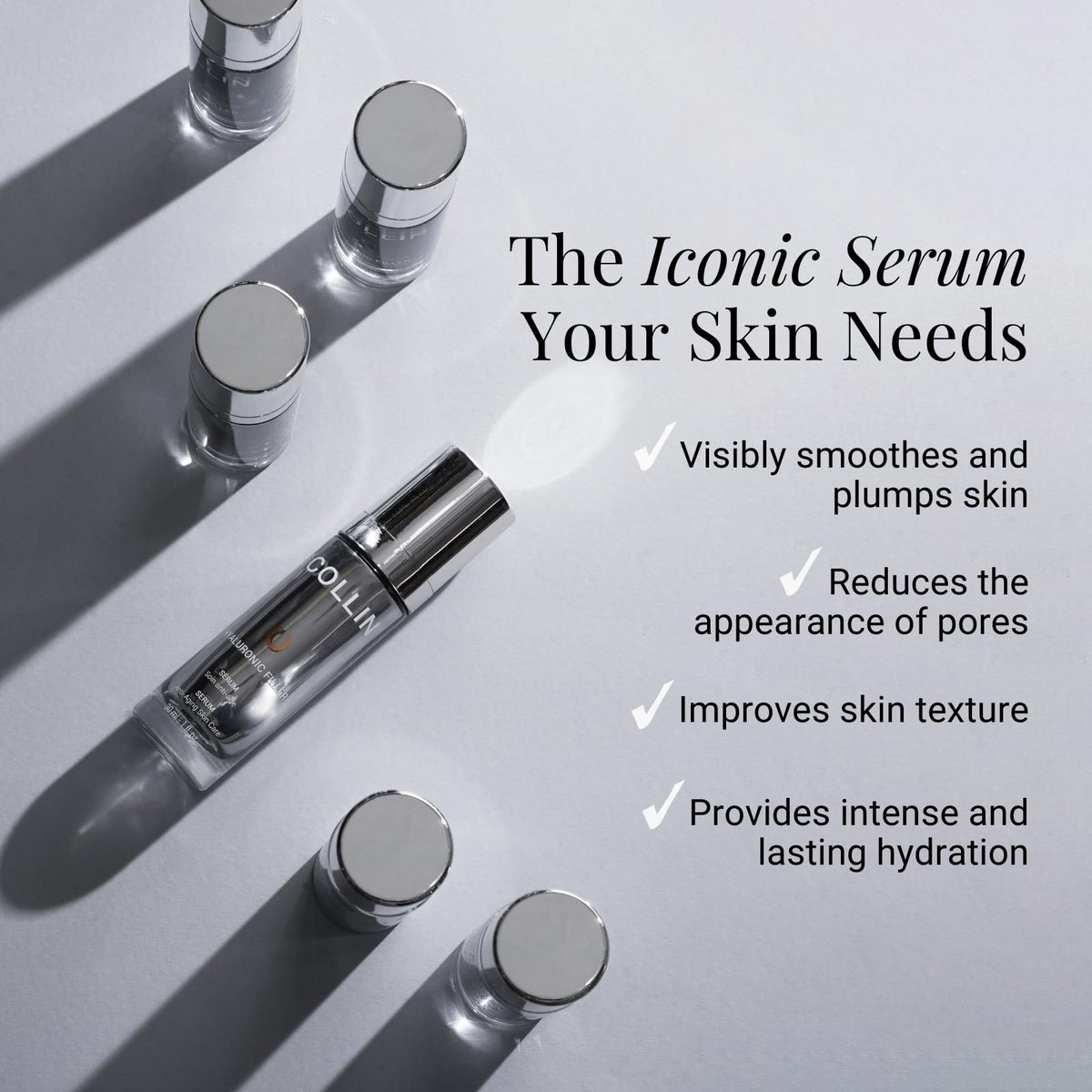Texture close-up shows lightweight hydration from G.M. COLLIN Hyaluronic Filler Serum.