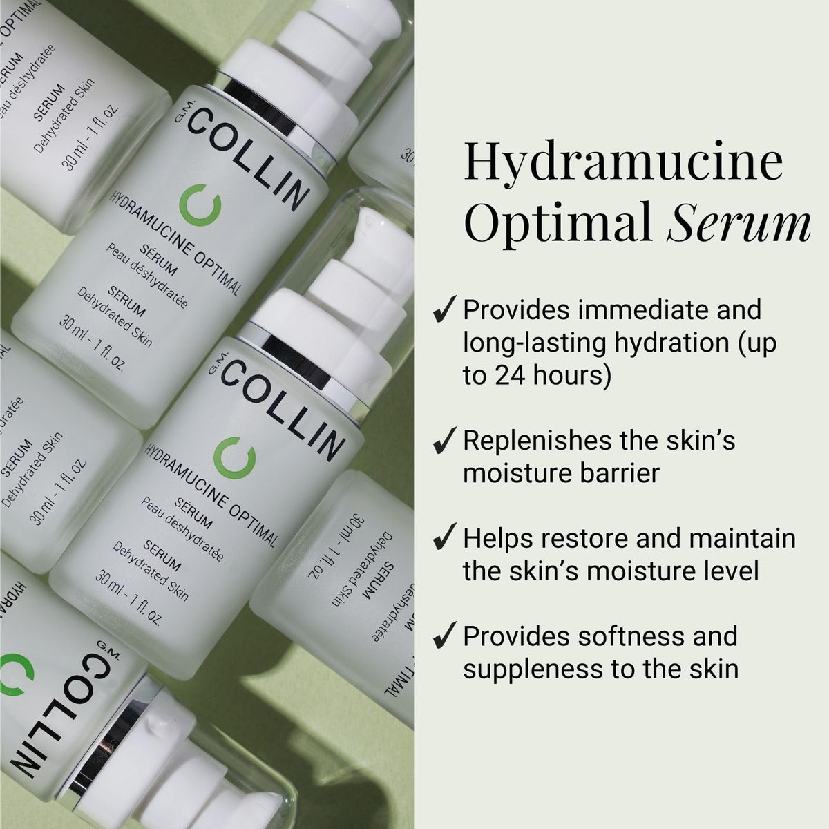 G.M. COLLIN Hydramucine Optimal Serum texture closeup reveals silky, long-lasting hydration.