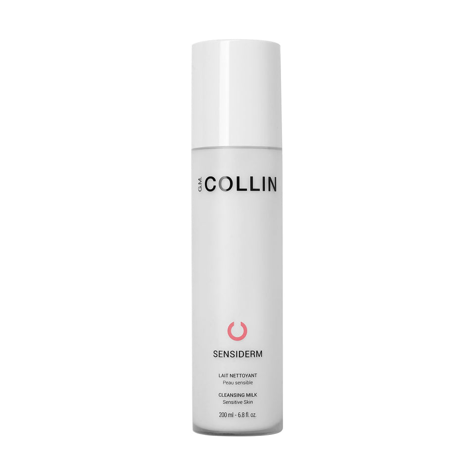 G.M. COLLIN Sensiderm Cleansing Milk bottle pour shows gentle makeup removal for sensitive skin