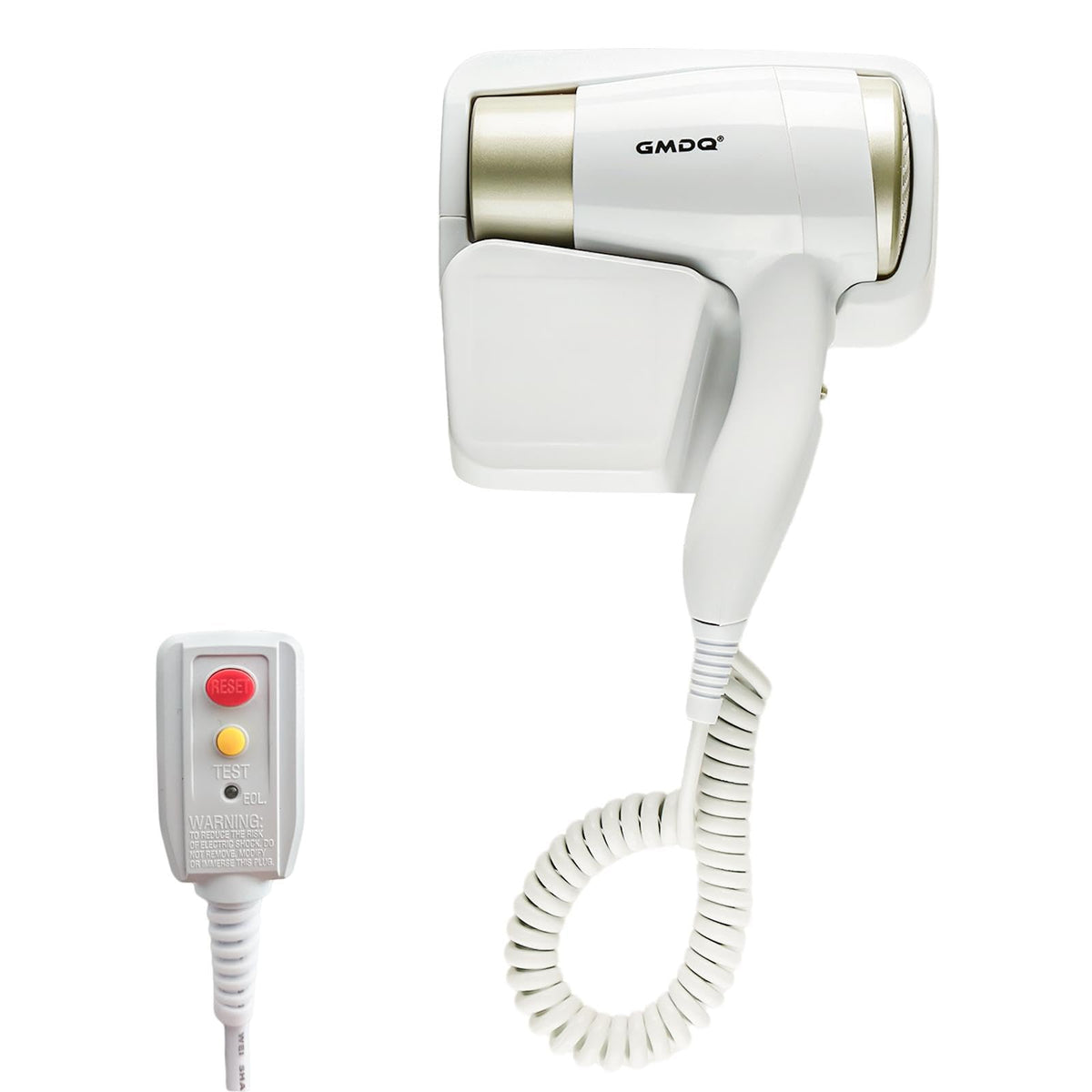 GMDQ wall-mounted hair dryer unit in a bathroom with space-saving design for hotels and quick-dry capability
