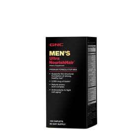 GNC Men's Ultra NourishHair bottle front showing 120 caplets for hair support