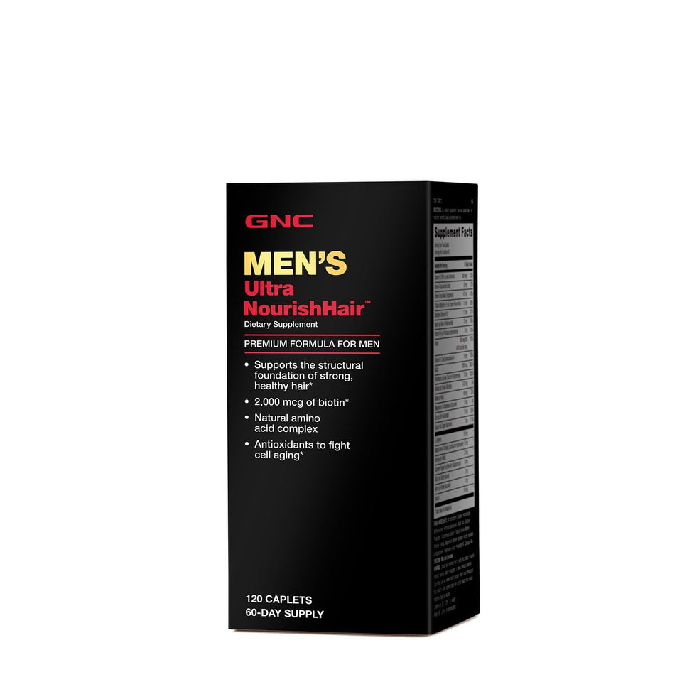 GNC Men's Ultra NourishHair bottle front showing 120 caplets for hair support
